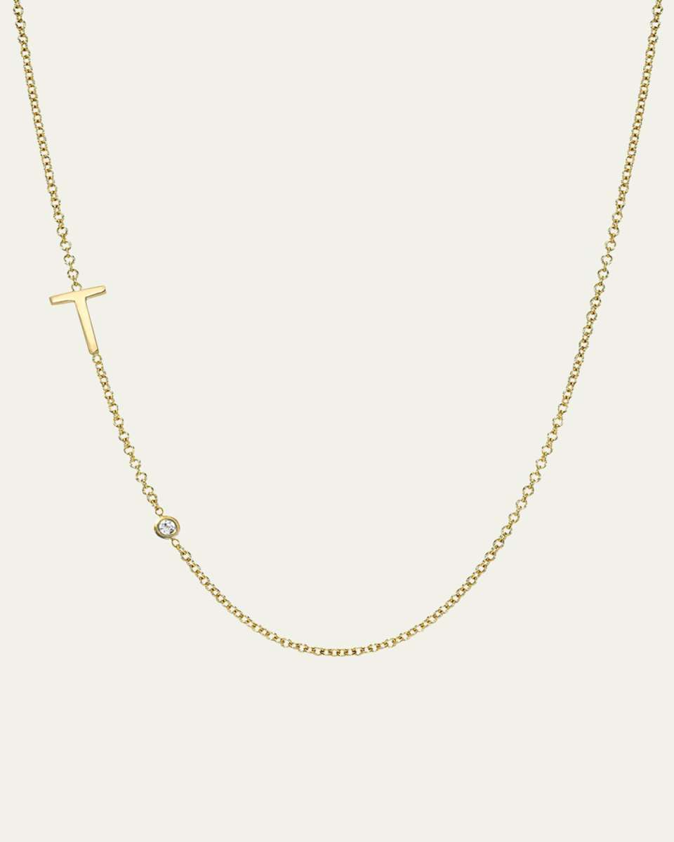 14k Gold Asymmetrical Initial and Bezel Diamond Necklace
